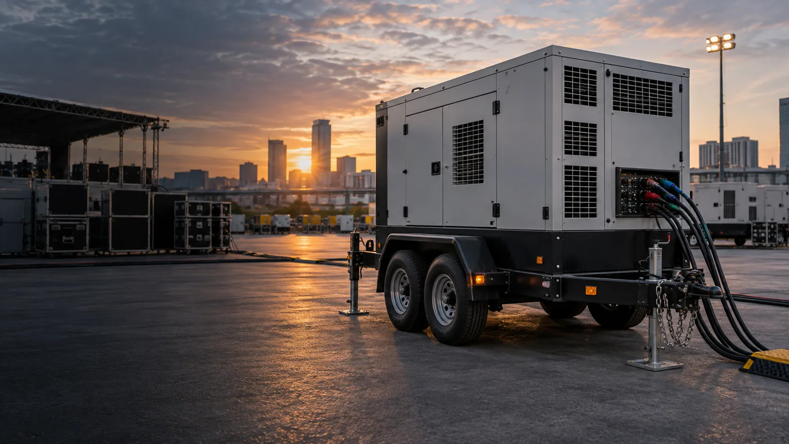 Towable industrial generator prepared for deployment at dawn